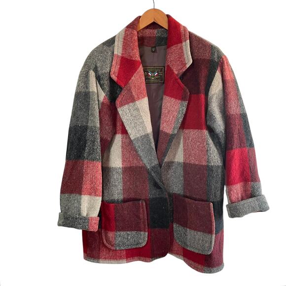 Vintage French Country Express Red Black Wool Pea Coat Womens MED Oversized - Picture 1 of 10